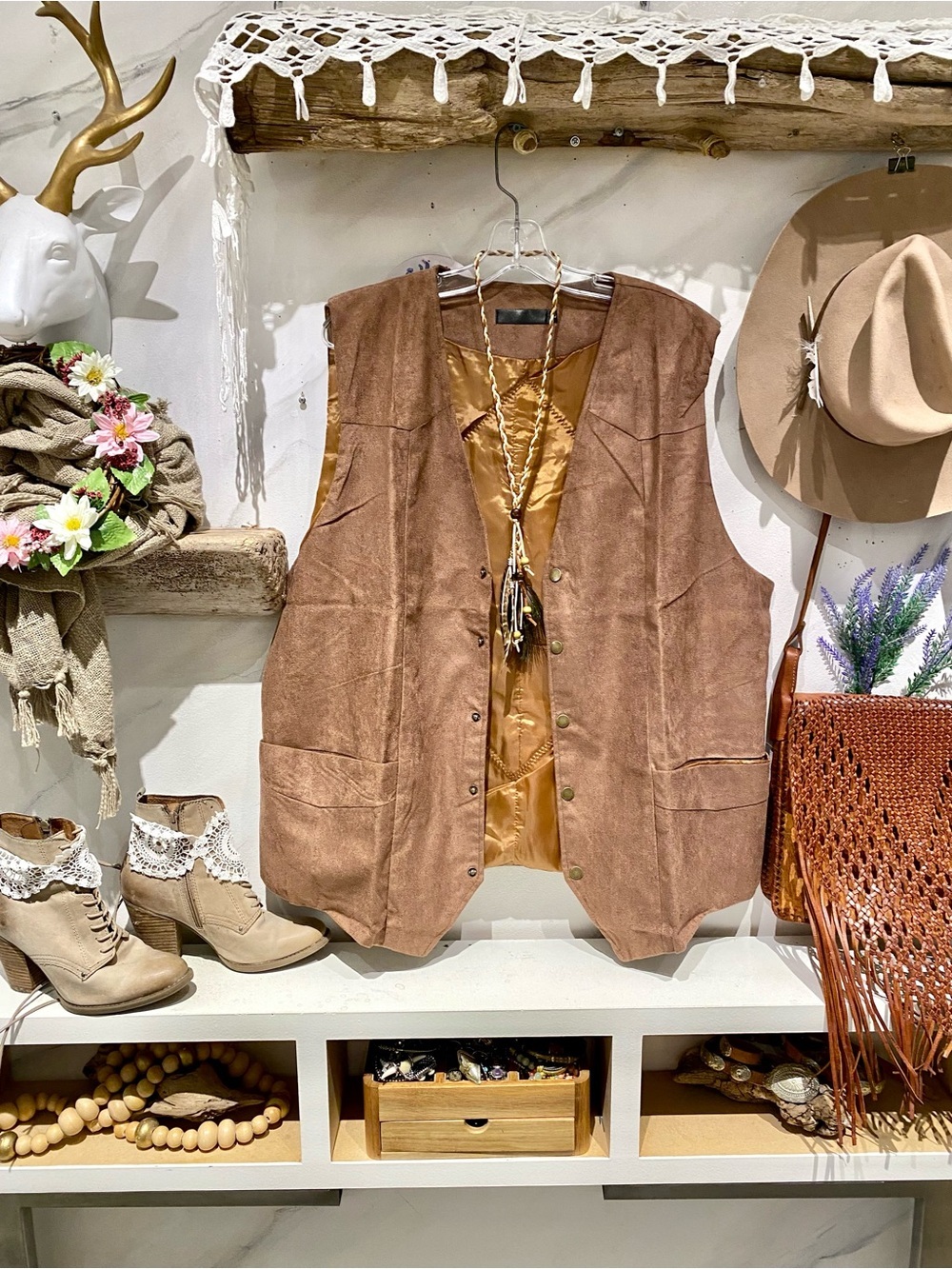 Upcycled Quilted back detailing on vegan suede boho vest rustic cottagecore vibe
